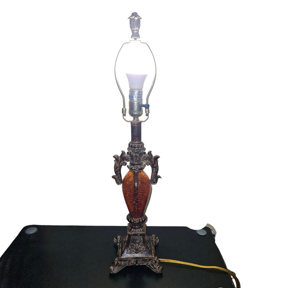 VTG Style Amber Glass & Resin Table Lamp Ornate Bronze Finish Base Crackle Glass - Picture 1 of 5